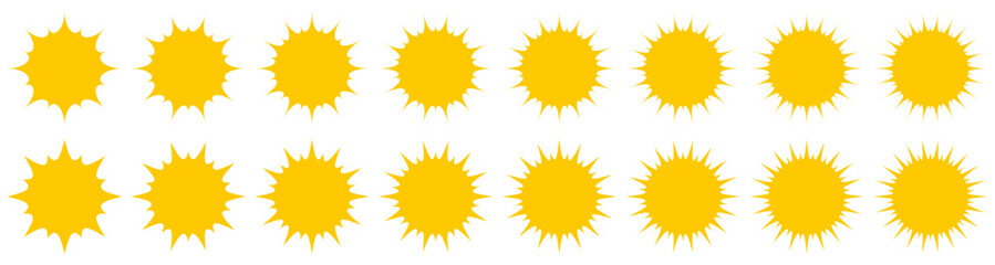 Set of yellow sun icons. Weather or sunlight symbols collection.