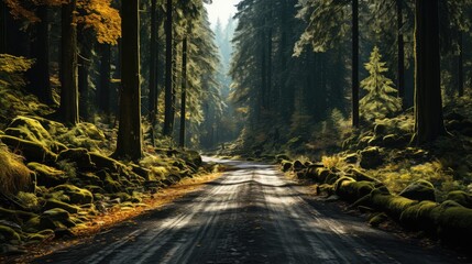 Fototapeta premium An empty autumn road goes deep into the forest with yellow, orange and red leaves.