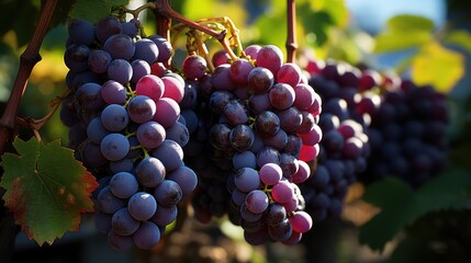 Bunches of sweet ripe dark grapes for making juices and alcoholic drinks. Successful harvest and...