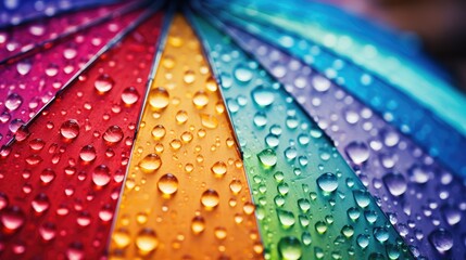 A multi-colored open umbrella in the rain with large drops of water on it. Symbol of freedom and friendship.