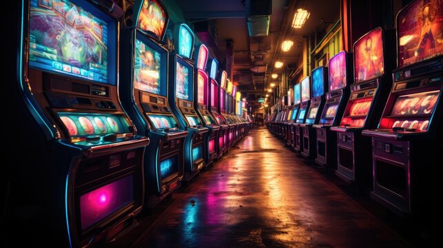 Chic casino interior with bright flashing slot machines and an atmosphere of success and prestige.