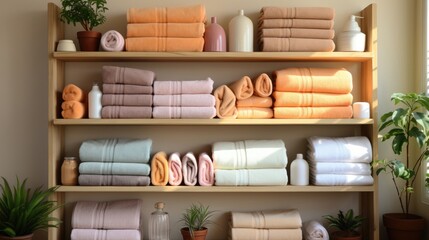Clean cotton neatly folded towels and washing supplies on a wooden shelf. The theme of cleanliness, cleaning and order.