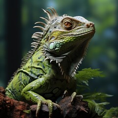 Obraz premium A large green reptile iguana sits on a tree branch against the background of the jungle. Close-up of a lizard.