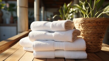 Fototapeta na wymiar White, clean, neatly folded towels lie on a wooden table against the background of pots with plants. The theme of staying at the hotel is relaxation and comfort.