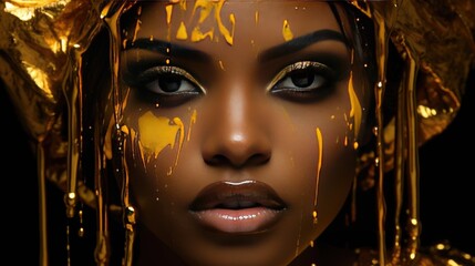 Beautiful girl with fashionable makeup and golden paint on her face. Close-up. Theme of glamor and fashionable image. - obrazy, fototapety, plakaty