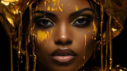 Beautiful girl with fashionable makeup and golden paint on her face. Close-up. Theme of glamor and fashionable image. © Boomanoid