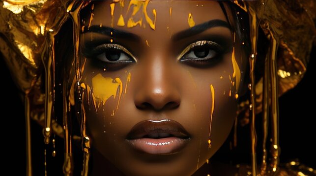 Beautiful girl with fashionable makeup and golden paint on her face. Close-up. Theme of glamor and fashionable image.