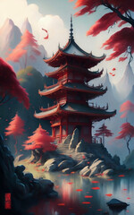 Pagoda of the Whispering Maples, Digital Landscape Painting,Blend of Two Styles, Atmospheric Brushwork, Capturing the mystic mood of a serene landscape. Generative AI