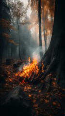 A forest fire ravages the landscape, depicting the alarming consequences of deteriorating ecology, rising temperatures, burning forests, peat fires, diminishing greenery, and climate change impacts. - obrazy, fototapety, plakaty