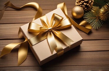 Gift box with red ribbon bow on wooden background