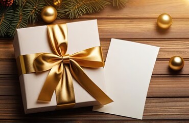 Obraz premium Gift box with red ribbon bow on wooden background