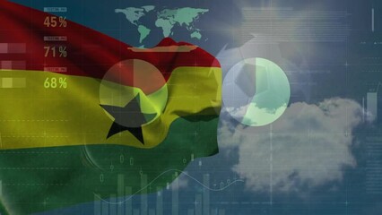 Animation of financial data processing over flag of ghana - Powered by Adobe