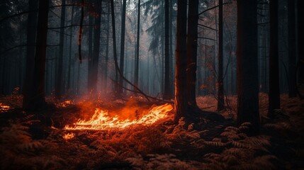 A forest fire ravages the landscape, depicting the alarming consequences of deteriorating ecology, rising temperatures, burning forests, peat fires, diminishing greenery, and climate change impacts. - obrazy, fototapety, plakaty