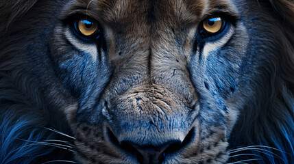 Bluewing lion look extreme close up photography - obrazy, fototapety, plakaty