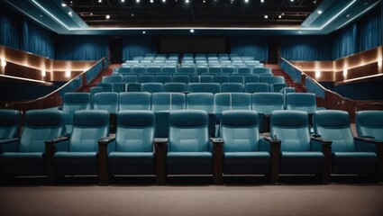 Empty cinema auditorium with rows of blue chairs and blue curtains