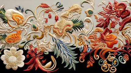 close up of embroidered flowers on a light cream silk fabric, floral and vibrant colors