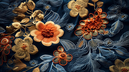 close up of embroidered flowers on a dark blue silk fabric, floral and vibrant colors