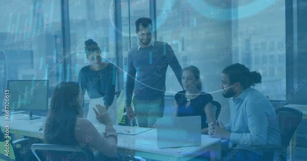 Poster animation of data processing and statistics over diverse businesspeople in office