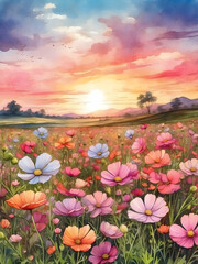 Fototapeta na wymiar Watercolor illustration landscape of beautiful cosmos flowers field with sunset view. Golden hour. Creative mobile wallpaper.