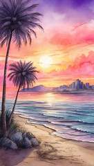 Watercolor beautiful and amazing landscape of the beach with palm tree landscape with sunset. Golden hour. Creative mobile wallpaper. 