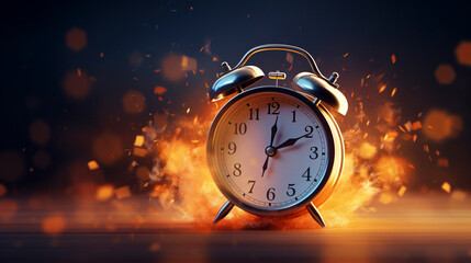 an alarm clock that is on fire, time is running out concept