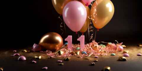 Balloons Number 11,eleven with balloons. Birthday Photo zone. Balloons style font. Anniversary. surprise celebration concept with copy space. Generative ai