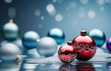 Fototapeta premium 3D rendering of christmas baubles in white snow background