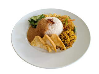 rice with pecel sauce, tofu, fried soy bean, noodle, and basil, on white serving dish, isolated on white background