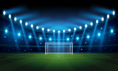 Illuminated Sports Arena for Soccer and football with blurry blue spotlights, starry night sky and nebula, focus on goal