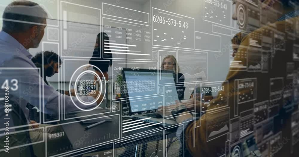 Poster animation of data processing and statistics over diverse businesspeople in office