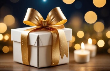 Fototapeta na wymiar Christmas gift box with golden bow and decoration on bokeh background