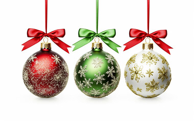 
Enfeites de Natal pendurados em fita vermelha e arco com padr&otilde;es de brilho de floco de neve sobre eles isolados, fundo branco