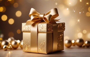 Christmas gift box with golden bow and decoration on bokeh background