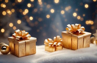 Christmas gift box with golden bow and decoration on bokeh background