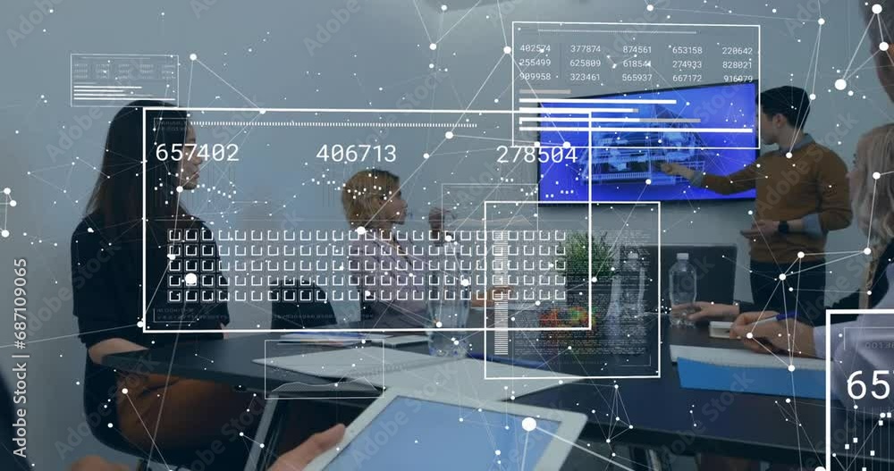 Poster animation of data processing and statistics over diverse businesspeople in office