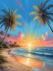  Watercolor illustration landscape of beautiful sunset at the beach with palm tree. Golden hour. Creative mobile wallpaper. 