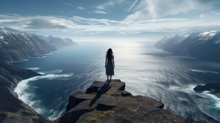 Woman standing on the edge of a cliff and looking at the sea