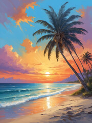 Fototapeta na wymiar Watercolor illustration landscape of beautiful sunset at the beach with palm tree. Golden hour. Creative mobile wallpaper. 