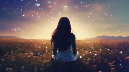 Young woman with long black hair sitting on the field and looking at starry sky