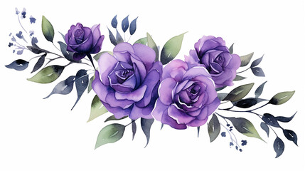 Violet flowers watercolor, floral clip art. Bouquet roses perfectly for printing design on invitations, cards, wall art and other. Botanical illustration isolated on white background