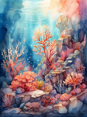 Watercolor illustration landscape of beautiful underwater coral reef at night. Aesthetic background. Creative mobile wallpaper.