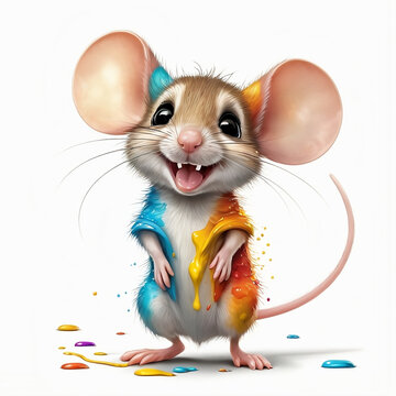 Smiling mouse in falling colors on a white background