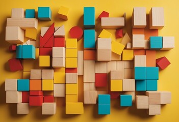 Different colorful shapes wooden puzzle blocks on yellow background Top view