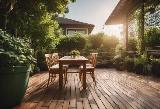 Modern terrace with wood deck flooring and fence green potted flowers plants and outdoors furniture
