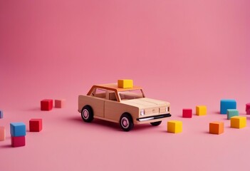 Wooden toy car with colorful cubes on pink banner background