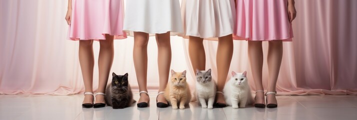 Cats sitting at the beautiful feet of girls.