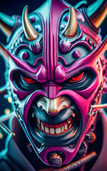 ninja mask mixed up with oni mask, realistic, purple highlights, high contrast, angry looking, 3d render, anime, vibran, generative ai