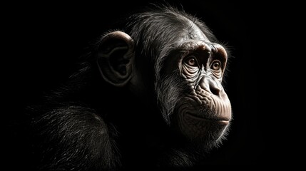 Chimpanzee. Close-up portrait of a wild ape in monochrome style. Illustration for cover, postcard, interior design, banner, brochure, etc..