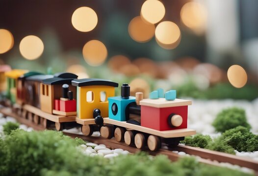 Wooden toy train with colorful blocks on white background