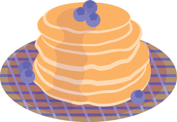 Pancakes on a plate with jam and blueberries.	